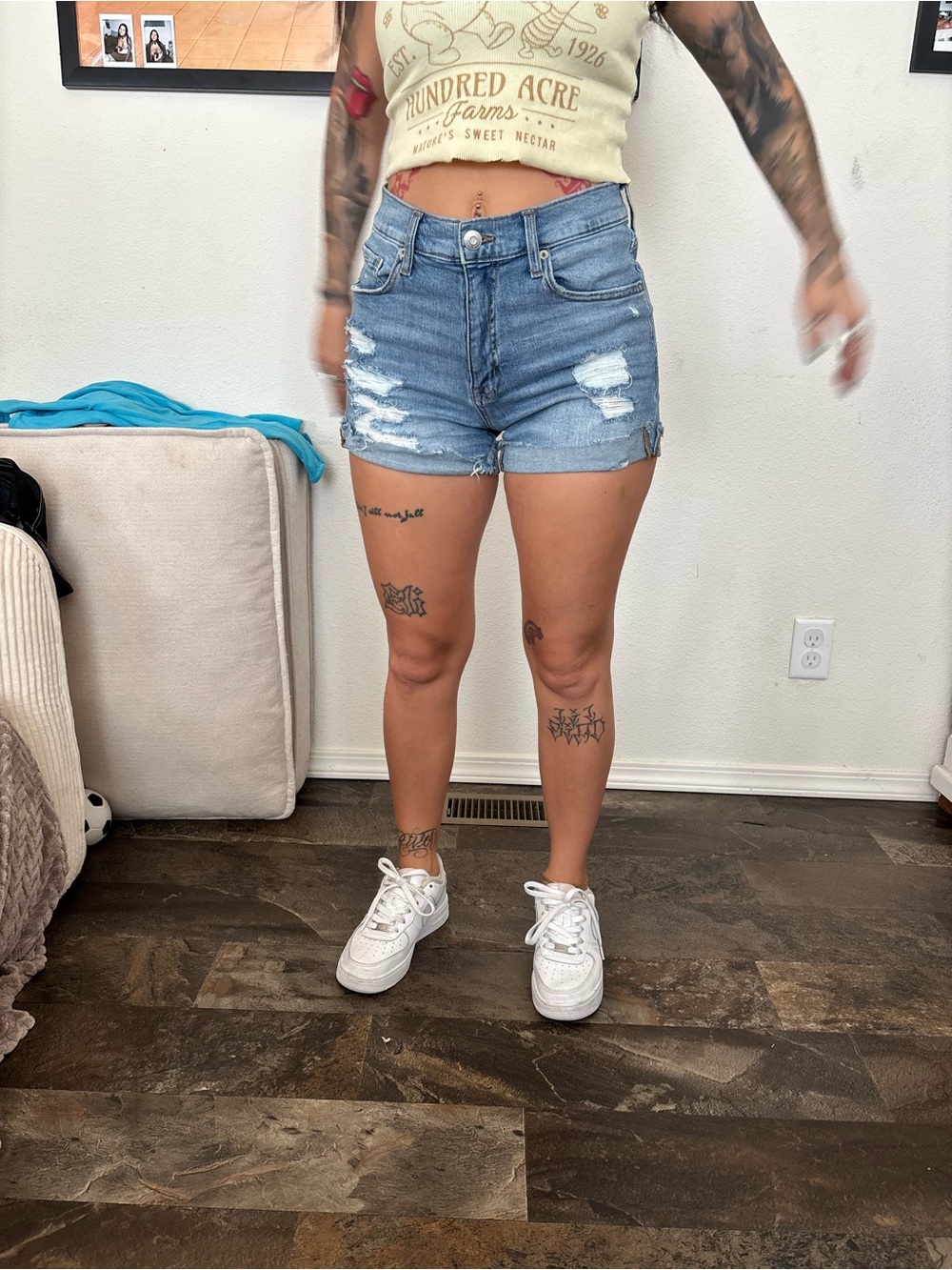 High-Rise Distressed Denim Shorts - Light Blue